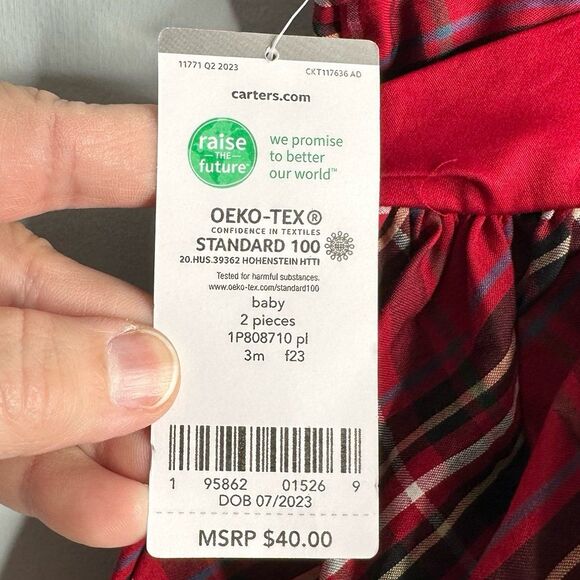 Carter’s Red Plaid Christmas Holiday Dress Only Red Bows Size 3 Months NEW NWT - Picture 7 of 8